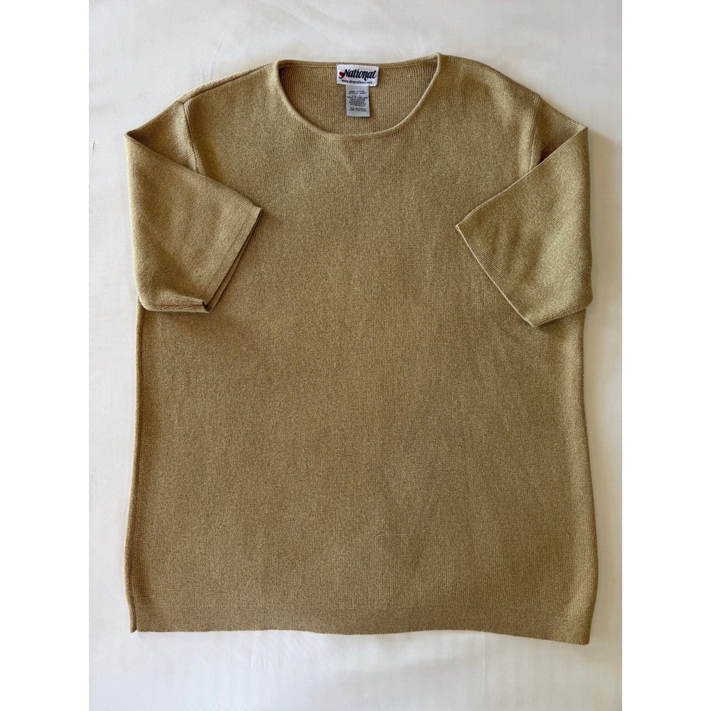 Vintage Gold Metallic Sweater National Knit Top‎ Short Sleeve Crew Neck Large